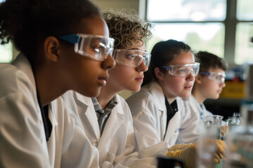 Students And Teacher Engage In Chemistry Lab Activities With Lab Coats And Safety Goggles