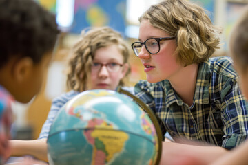 Fototapeta premium Teacher Uses Globe To Teach Geography To Small Group Of Students