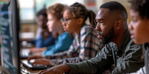 Teacher In Computer Lab Assists Students With Cybersecurity Lesson