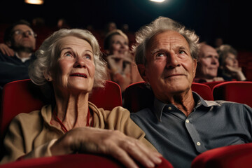 Active Seniors Sitting In Cinema, Ready For Movie With Popcorn Photorealism