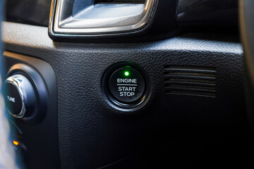 Close up engine car start button. Start stop engine modern new car button,Makes it easy to turn your auto mobile on and off. a key fob unique ,selective focus	