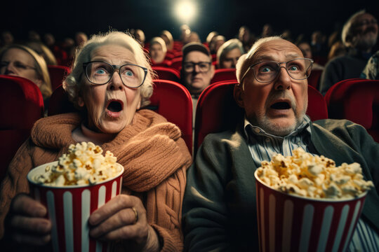 Eager Elderly Moviegoers In A Cinematic Setting, Anticipating A Film With Realistic Popcorn