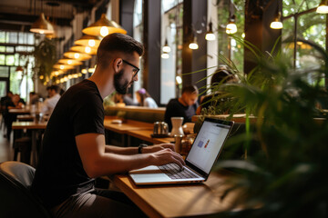 Fototapeta na wymiar Coffee Shop Remote Work Person Working On Laptop In Caf