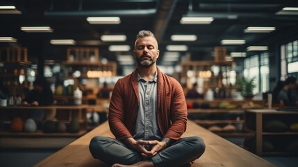 Happy businessman sitting on table in office practising yoga