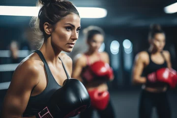 Zelfklevend Fotobehang Female Boxer Training Next To Group In Gym © Anastasiia
