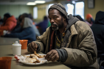 Homeless Man Eats In Shelters Canteen - obrazy, fototapety, plakaty