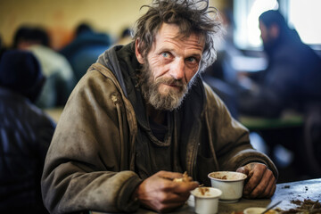 Homeless Individual Finds Nourishment At Shelter's Canteen - obrazy, fototapety, plakaty
