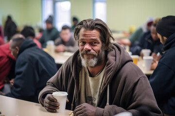 Homeless White Man Surrounded By Others In Dining Hall