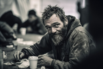 Homeless Man, Eating, Shelters Canteen, Simple, Realistic, Documentarystyle, Candid Shot, Dim Lighting, Communal Atmosphere, Diverse Group, Heartwarming, Human Connection, Black And White, Gritty - obrazy, fototapety, plakaty