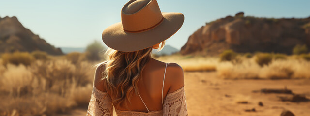 attractive sensual young woman in dress in desert, treveling on safari, wearing hat, exploring nature, hot summer day, sunny weather - obrazy, fototapety, plakaty