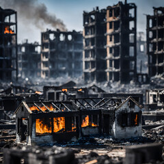 Devastated cityscape: charred remains and destruction by the fires of war.