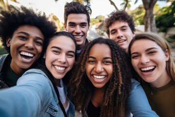 Fototapeta premium Multiethnic Students Taking Selfie Outdoors, Celebrating Friendship