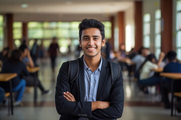Smiling Indian Student In University Hall - obrazy, fototapety, plakaty