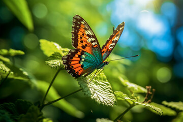 A magical butterfly with bright wings on a background of green leaves creates a truly fascinating sight.
