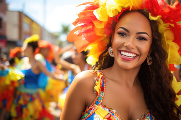 Vibrant Barranquilla Carnival Colorful Dresses, Colombian Festival - obrazy, fototapety, plakaty