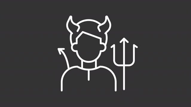 2D white simple thin line animation of devil icon, HD video with transparent background, seamless loop 4K video representing archetypes.