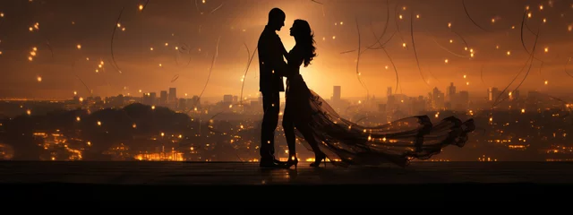 Rolgordijnen Silhouette of romantic couple dance on the sunset time © alexkich