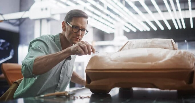 Portrait of an Automotive Artist Making Final Strokes on His Latest Concept Car Creation. Designer Working on a New Prototype, Sculpting Industrial Plasticine Clay 3D Model of a Sport Coupe