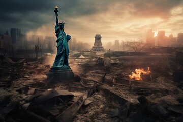 Devastated America shown by ruins of New York City and the Statue of Liberty representing the apocalypse. Generative AI - obrazy, fototapety, plakaty