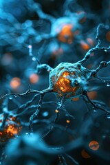 Vertical macro illustration of glowing orange brain cells. Neuron transmission impulse on blurred background