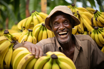 Portrait of a smiling banana farmer, depicting the concept of fair trade - obrazy, fototapety, plakaty