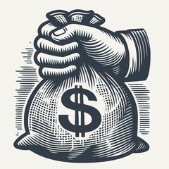 Hand holding a money bag with dollar symbol. Hand drawn vintage engraving style woodcut vector illustration.	
 - obrazy, fototapety, plakaty