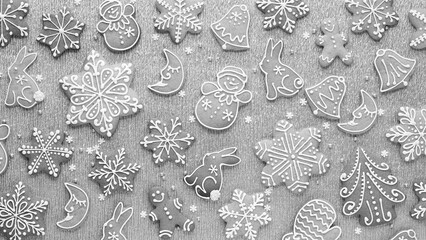 Iced Gingerbread Cookies. Classic Christmas Cookie. Handmade Dessert. New Year Concept. Top View....