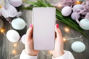 woman hand hold blank screen mobile phone on easter background with painted eggs, Generative AI - Powered by Adobe