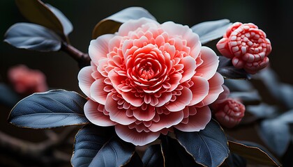 Camellia flower closeup. Pink camellia flower with rain drops closeup. Camellia flower - obrazy, fototapety, plakaty