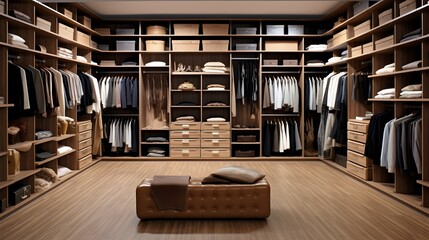 Big wardrobe with clothes in dressing room - obrazy, fototapety, plakaty