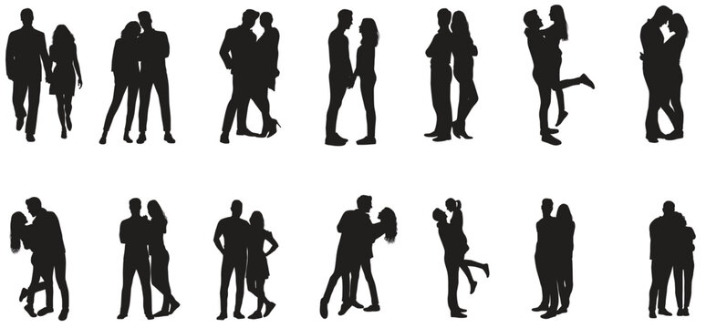 Romantic couple in various poses silhouettes collection set. Couple falling in love different poses isolated on white background silhouette set.