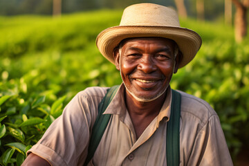 Portrait of a tea farmer smiling, depicting the concept of fair trade tea production - obrazy, fototapety, plakaty