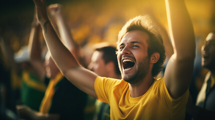 group of fans dressed in yellow color watching a sports event in the stands of a stadium