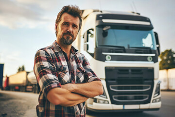 Professional male truck driver with a truck in the background - Powered by Adobe