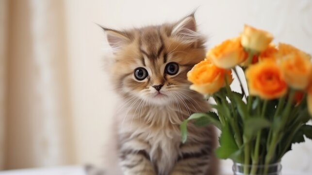 cute kitten on the background of a bouquet of yellow roses. nice card