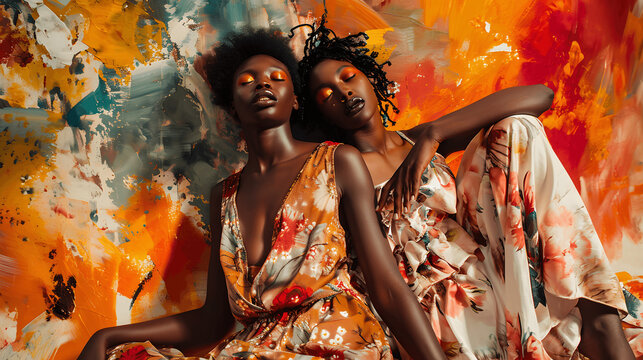 Vibrant abstract painting with two beautiful black women