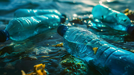Plastic Pollution In Ocean - Turtle Eat Plastic Bag - Environmental Problem - obrazy, fototapety, plakaty