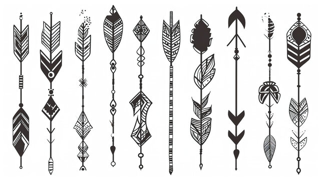 set of hand drawn feather boho arrows sketch. Aztec hipster illustration.