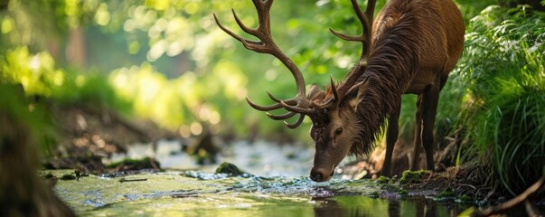 Deer with large antlers drinking fresh water from a stream