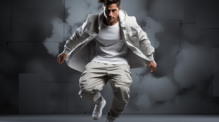 Energy. Dynamic portrait of young flexible sportive boy dancing hip-hop or breakdance