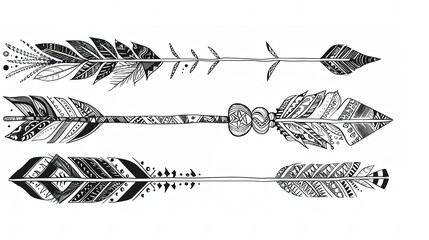 set of hand drawn feather boho arrows sketch. Aztec hipster illustration.