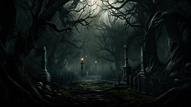 A dark eerie forest lurks in the background of an abandoned graveyard its gnarled trees twisted by the wind.