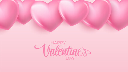 Happy Valentine's Day cute banner with 3d pink colored hearts and hand lettering greetings. Valentines Day holiday festive background. Vector illustration.