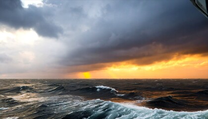 a stormy sea with a sun setting behind it