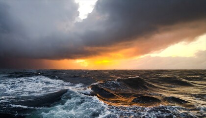 Obraz premium a stormy sea with a sun setting behind it