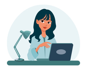 Home office concept. Woman freelancer, manager works at the computer. Illustration, vector