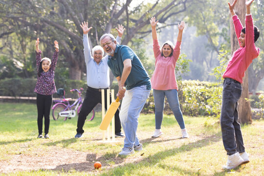 Family playing cricket in park