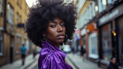 black young attractive woman model wearing a purple outfit with large black Afro hair out on london...