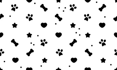 Dog seamless pattern. Bone paw footprint star heart. Cute background. Pets adoption. Veterinary care and facilities. Homeless pet rescue.