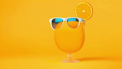 A cheeky set of sunglasses set atop a bright orange juice glass with a fun little straw poking out of the arm.